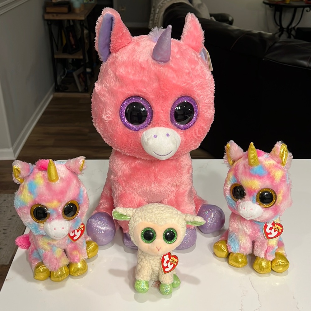Lot of 4 TY Beanie Boos🩷Used w/Tags: Magic 16”, (2) Fantasia 8” & Lala 5” - GUC